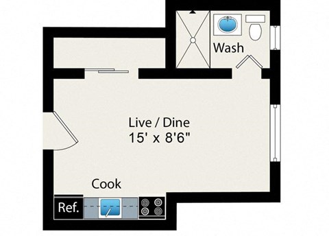 A floor plan of a kitchen with a live/dine area and a cooking area.
