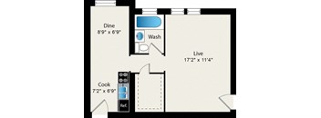 A floor plan of a kitchen and living room with a dining table and a reference note.
