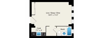 A floor plan of a small apartment with a kitchen, bathroom and living/sleep/dining area.