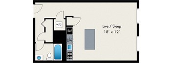 A floor plan of a room with a live/sleep area that is 18 feet by 12 feet.