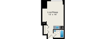 A floor plan of a Live Sleep 13' x 16' with a reference line.