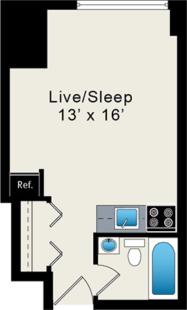 A floor plan of a Live Sleep 13' x 16' with a reference line.