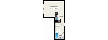 A floor plan of a small apartment with a living area, a sleeping area, a kitchen, and a bathroom.