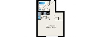 A floor plan of a small apartment with a wash basin, a reference bookshelf, a cooking area, and a sleeping area.