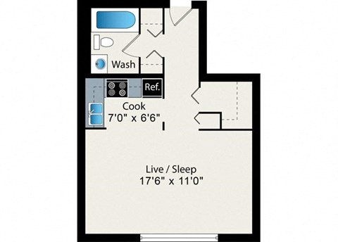 A floor plan of a small apartment with a wash basin, a reference bookshelf, a cooking area, and a sleeping area.
