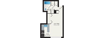 A floor plan of a small apartment with a living room, sleeping area, and kitchen.