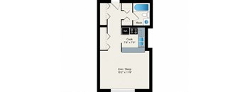 A floor plan of a small apartment with a kitchen, bathroom, and living/sleeping area.