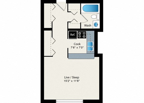 A floor plan of a small apartment with a kitchen, bathroom, and living/sleeping area.