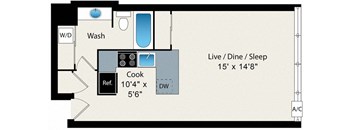 A floor plan of a small apartment with a kitchen, bathroom, and sleeping area.