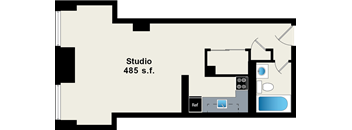 A floor plan of a studio apartment with a kitchen area.
