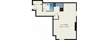 A floor plan of a room with a reference point and a live/sleep area.
