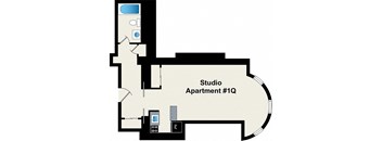 A floor plan of a studio apartment with the name Studio Apartment #1Q.