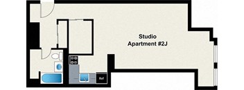 A floor plan of a studio apartment with the label #2J.