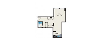 A floor plan of a house with a living room, a kitchen, and a bathroom.