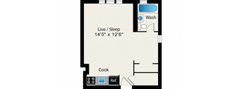 A floor plan of a living space with a kitchen area and a sleeping area.