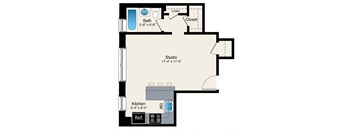 A floor plan of a studio apartment with a bath, kitchen, and a closet.
