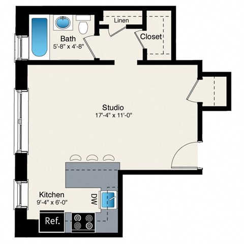 A floor plan of a studio apartment with a bath, kitchen, and a closet.