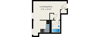 A floor plan of a Live/Sleep/Dine room that is 11'3" x 15'10".