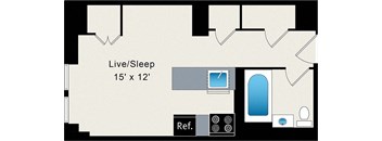 A floor plan of a room with a live/sleep area.