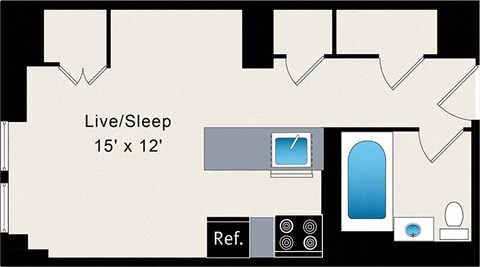 A floor plan of a room with a live/sleep area.