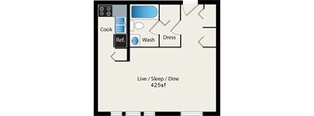 A floor plan of a 425 square foot live/sleep/dine space.