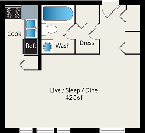 A floor plan of a 425 square foot live/sleep/dine space.