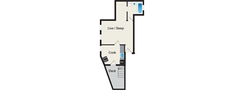 A floor plan of a house with a live/sleep area, a deck, and a kitchen.