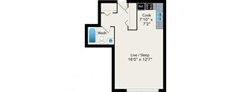 A floor plan of a room with a washroom, a cooking area, and a living/sleeping area.