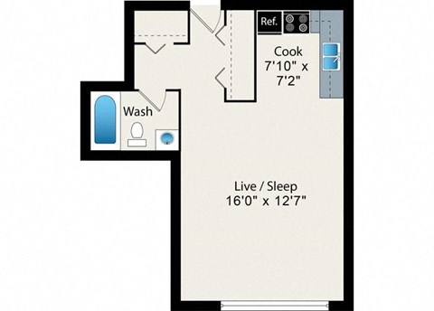 A floor plan of a room with a washroom, a cooking area, and a living/sleeping area.