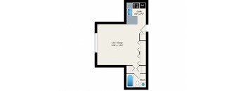 A floor plan of a house with a kitchen, bathroom and living room.