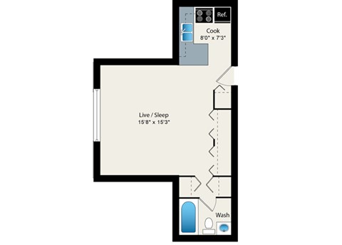 A floor plan of a house with a kitchen, bathroom and living room.