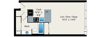 A floor plan of a small apartment with a kitchen, bathroom, and living room.