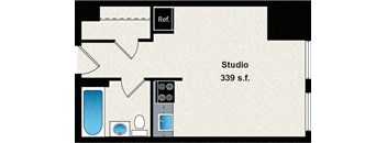 A drawing of a studio apartment sized 339 square feet.