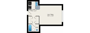 A floor plan of a small apartment with a kitchen, bathroom, and living room.