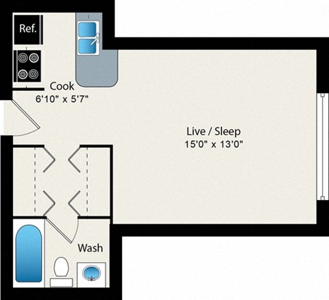 A floor plan of a small apartment with a kitchen, bathroom, and living room.