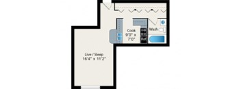 A floor plan of a living space with a kitchen area and dimensions.