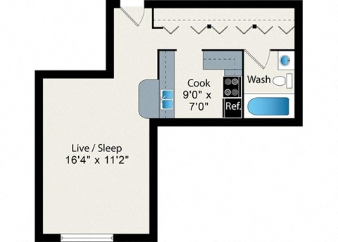 A floor plan of a living space with a kitchen area and dimensions.