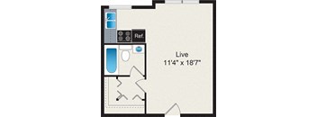 A floor plan of a living room sized at 11'4" x 18'7" with a reference box and a blue rectangle.