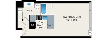 A floor plan of a small apartment with a kitchen, bathroom, and sleeping area.