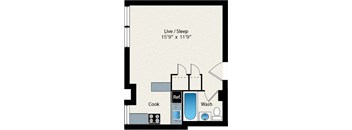 A floor plan of a small apartment with a kitchen, bathroom, and living area.