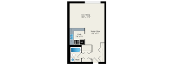 A floor plan of a small apartment with a living room, study/dining area, and a kitchen.