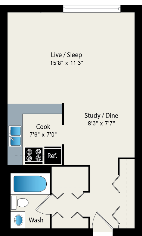 A floor plan of a small apartment with a living room, study/dining area, and a kitchen.
