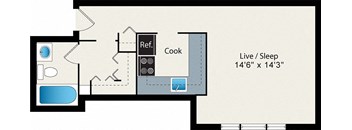 A floor plan of a small apartment with a living area, a kitchen, and a bedroom.