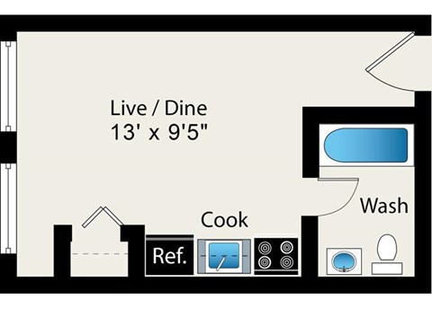 A floor plan of a living and dining area that is 13' x 9'5".