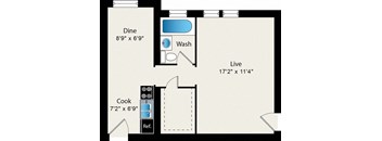 A floor plan of a kitchen and living room with a dining table and a reference note.