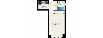A floor plan of a small apartment with a kitchen, bathroom, and living/sleep/dine area.