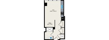 A floor plan of a room with a sleeping area and a live area.