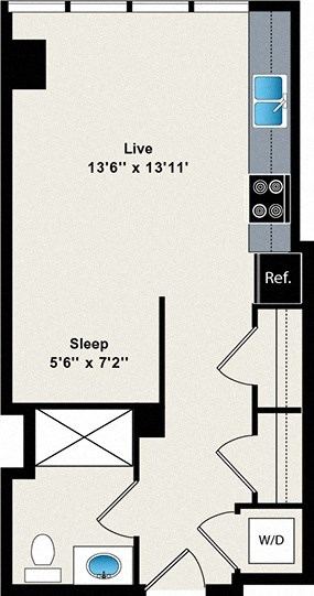 A floor plan of a room with a sleeping area and a live area.
