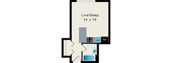 A floor plan of a Live/Sleep 14' x 15' room with a reference line and a blue rectangle.