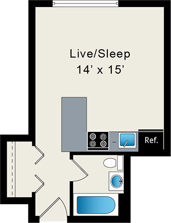 A floor plan of a Live Sleep 14' x 15' room with a reference line and a blue rectangle.